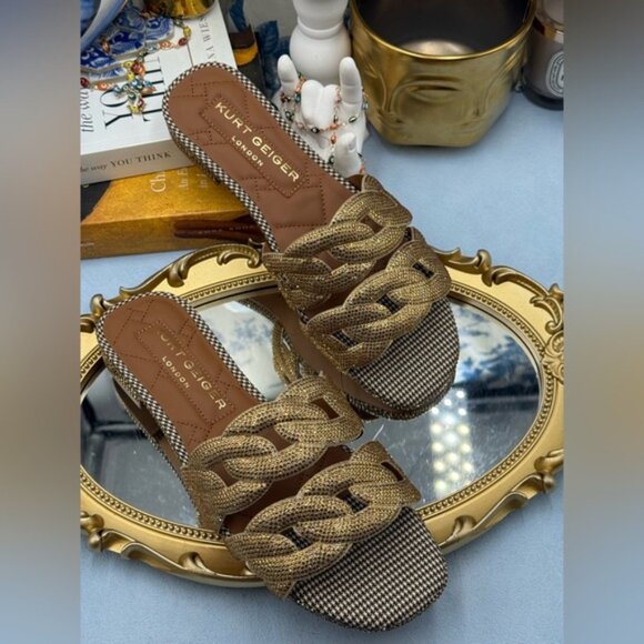 🆕 KURT GEIGER LONDON 🧿 NWOB Crystal Chain Flat Sandal, Gold - Sz EU37 US 7 - Picture 9 of 15